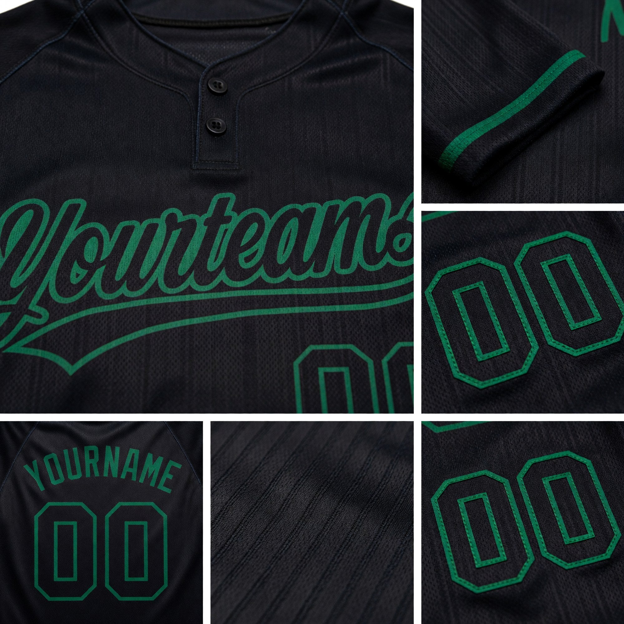 Custom Black Black-Kelly Green Two-Button Unisex Softball Jersey detail