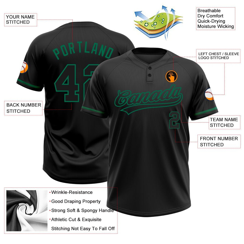 Custom Black Black-Kelly Green Two-Button Unisex Softball Jersey photo 3