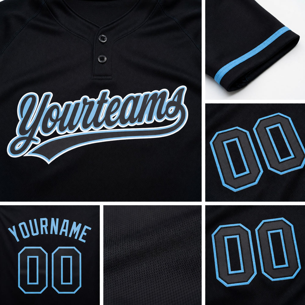 Custom Black Black-Light Blue Two-Button Unisex Softball Jersey detail