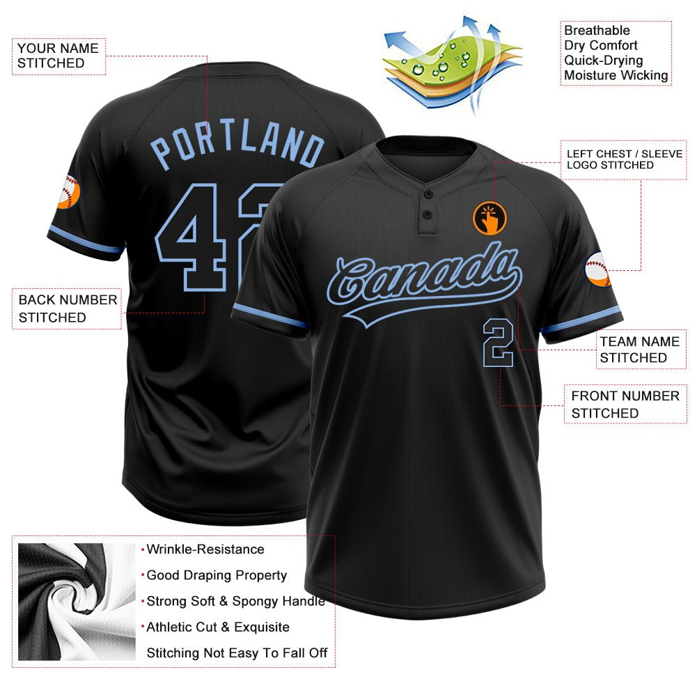 Custom Black Black-Light Blue Two-Button Unisex Softball Jersey photo 3