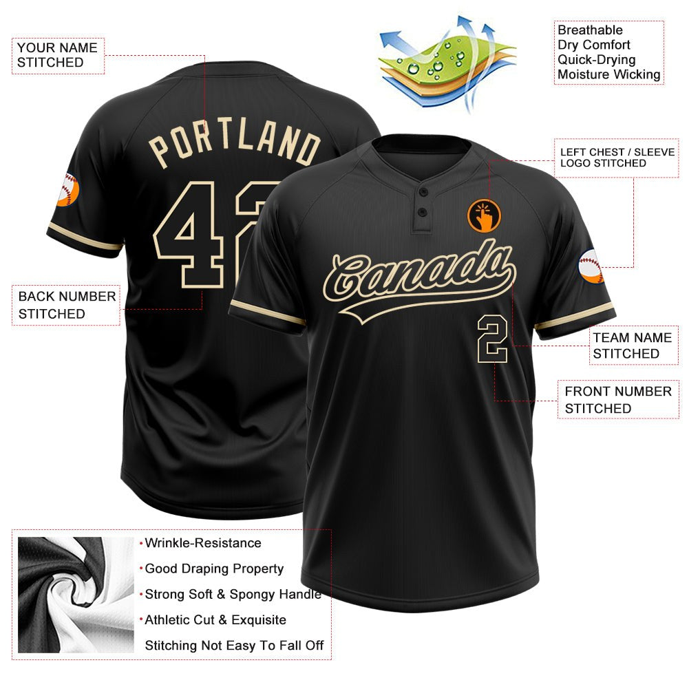 Custom Black Black-City Cream Two-Button Unisex Softball Jersey photo 3