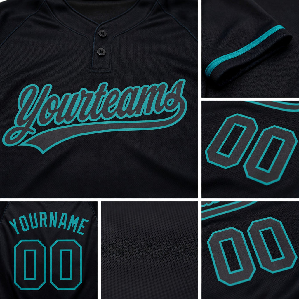 Custom Black Black-Teal Two-Button Unisex Softball Jersey detail