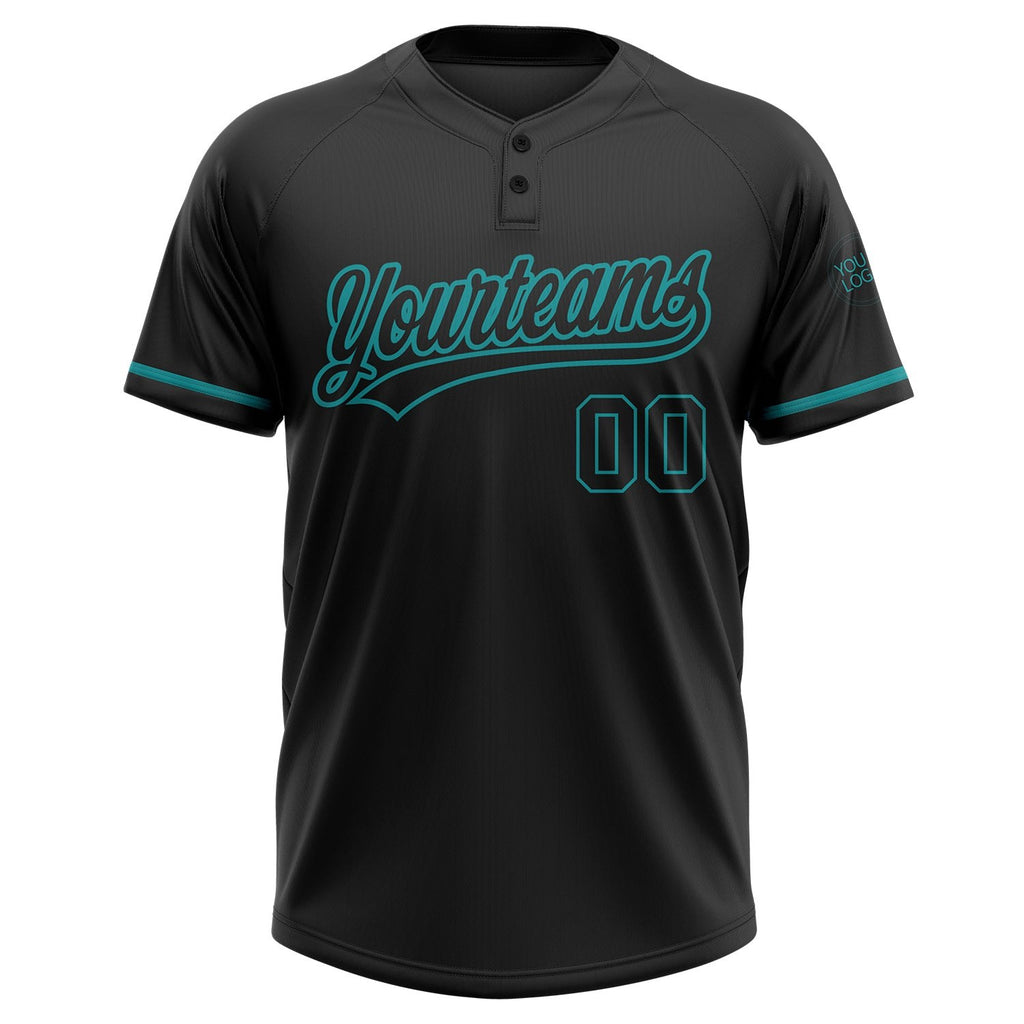 Custom Black Black-Teal Two-Button Unisex Softball Jersey photo 2
