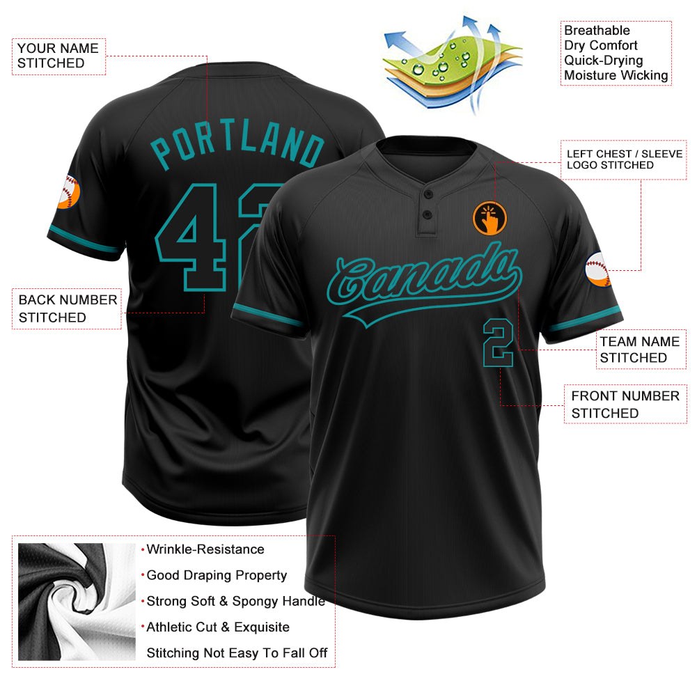 Custom Black Black-Teal Two-Button Unisex Softball Jersey photo 3
