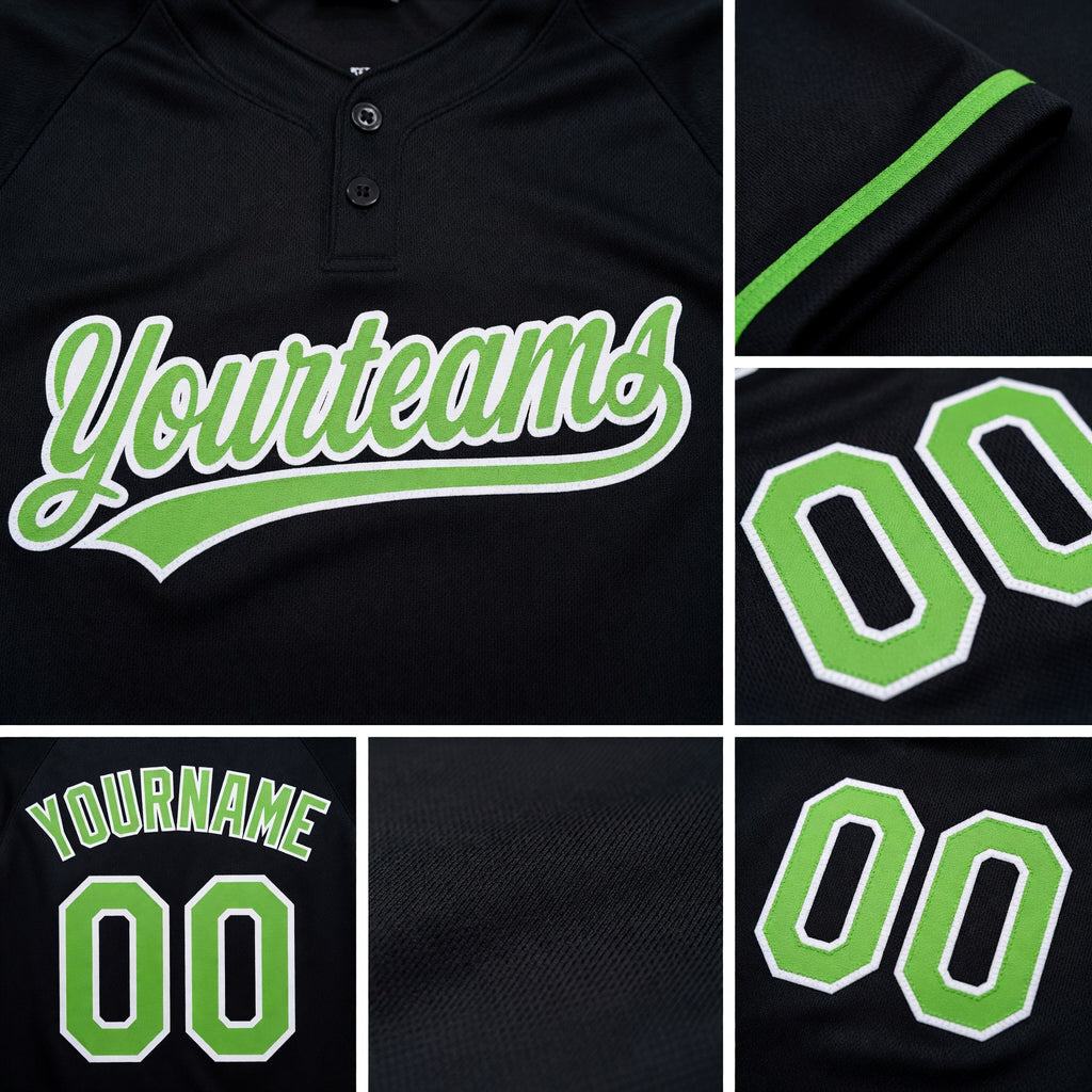 Custom Black Neon Green-White Two-Button Unisex Softball Jersey detail