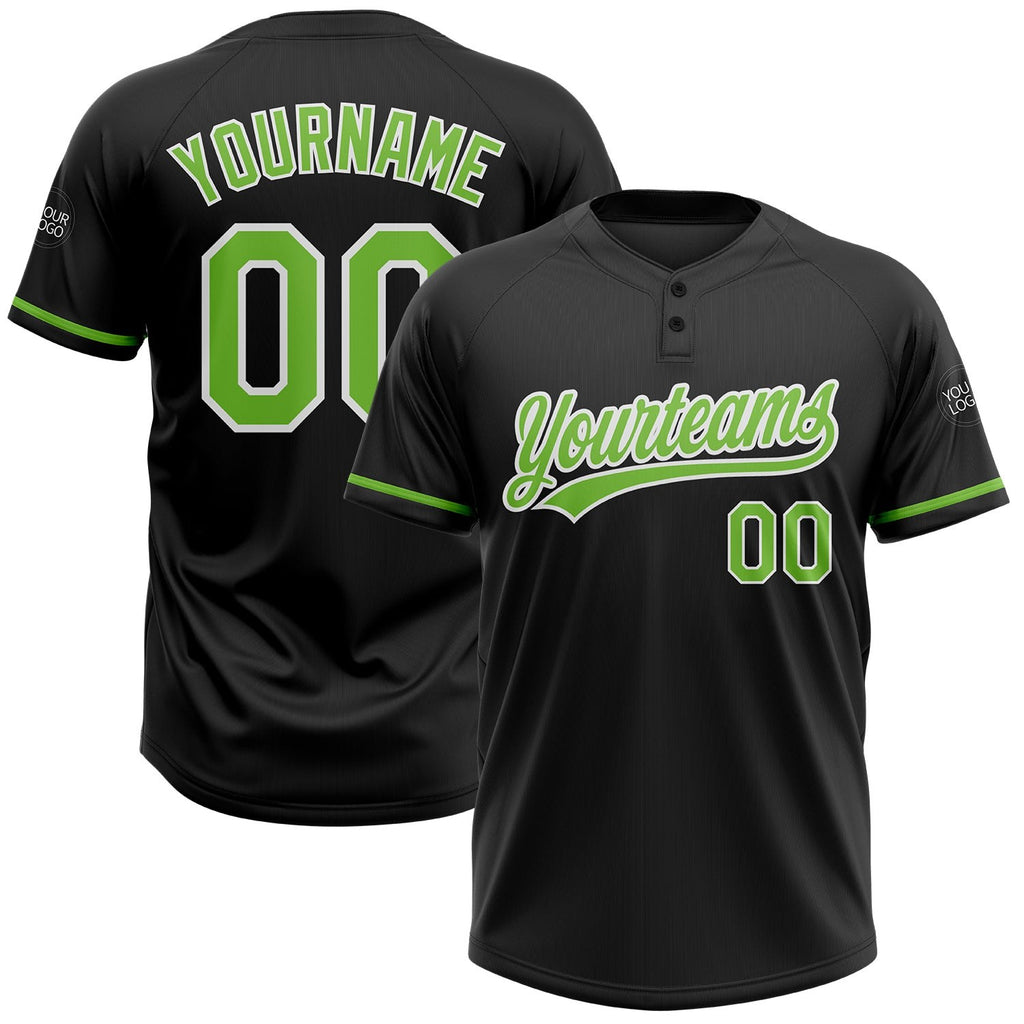 Custom Black Neon Green-White Two-Button Unisex Softball Jersey photo 1