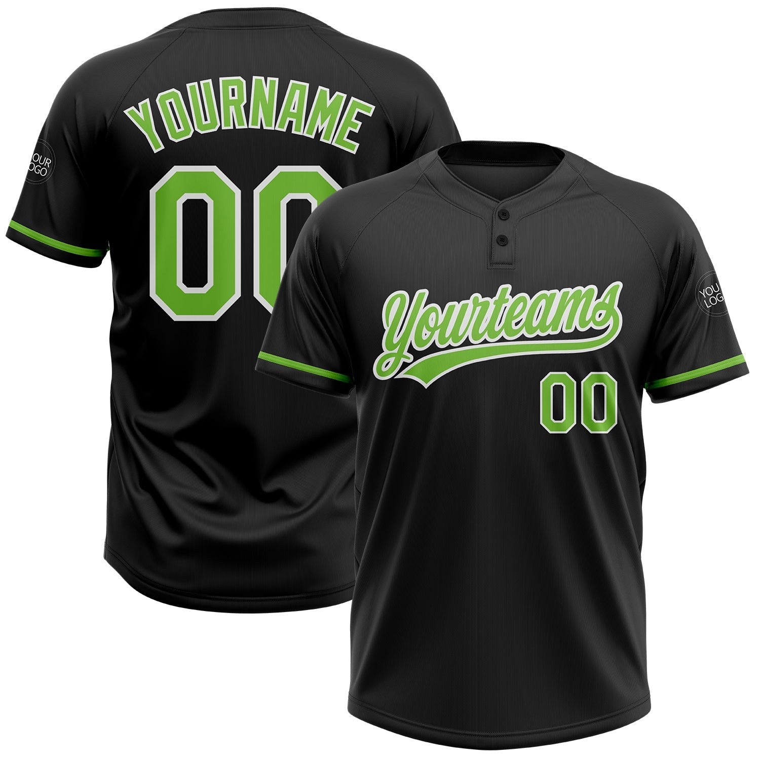 Custom Black Neon Green-White Two-Button Unisex Softball Jersey photo 1