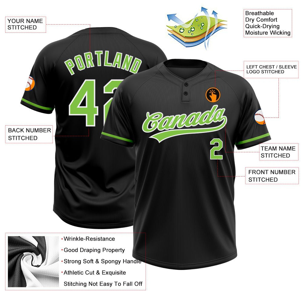 Custom Black Neon Green-White Two-Button Unisex Softball Jersey photo 3