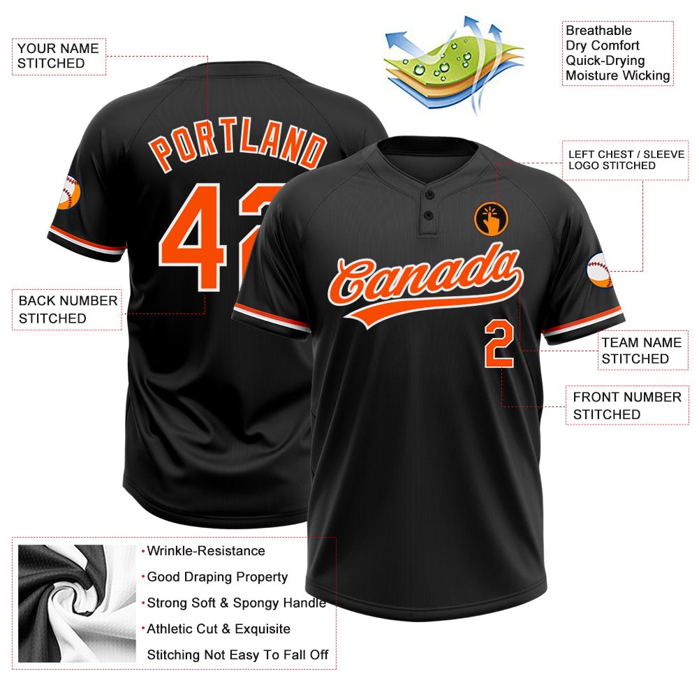 Custom Black Orange-White Two-Button Unisex Softball Jersey photo 3