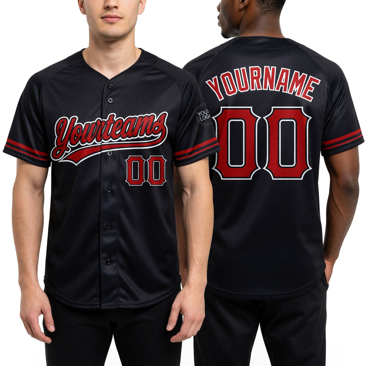 Custom Black Red-White Two-Button Unisex Softball Jersey worn front and back