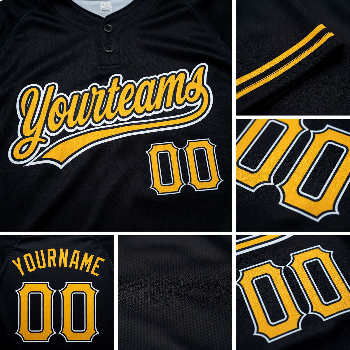 Custom Black Gold-White Two-Button Unisex Softball Jersey detail