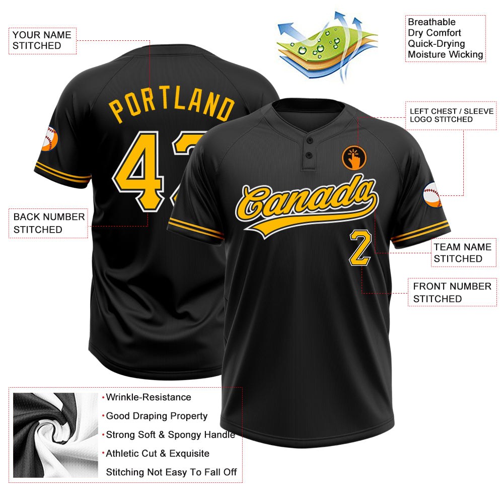 Custom Black Gold-White Two-Button Unisex Softball Jersey photo 3