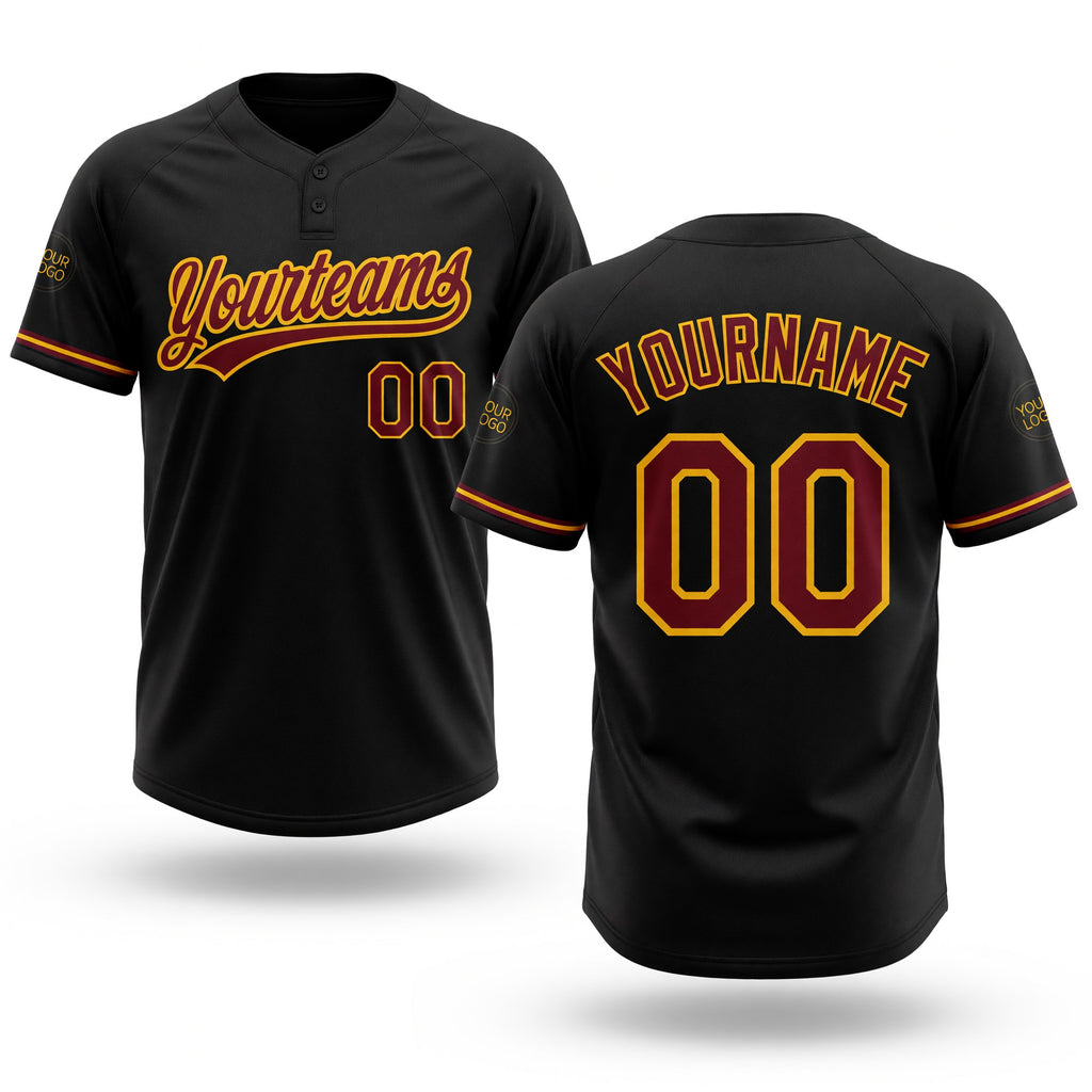 Custom Black Crimson-Yellow Two-Button Unisex Softball Jersey