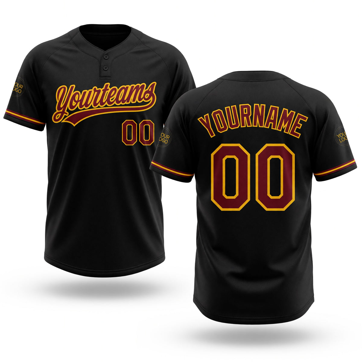 Custom Black Crimson-Yellow Two-Button Unisex Softball Jersey