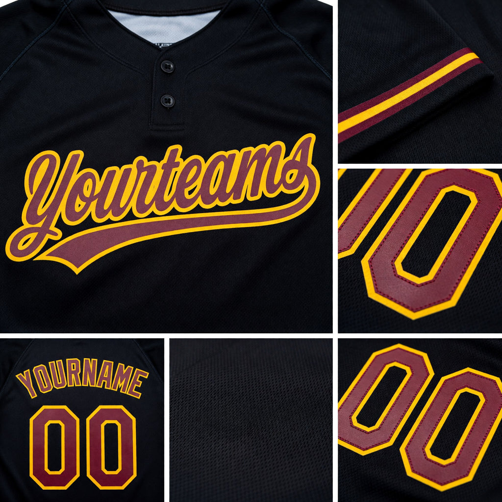 Custom Black Crimson-Yellow Two-Button Unisex Softball Jersey detail