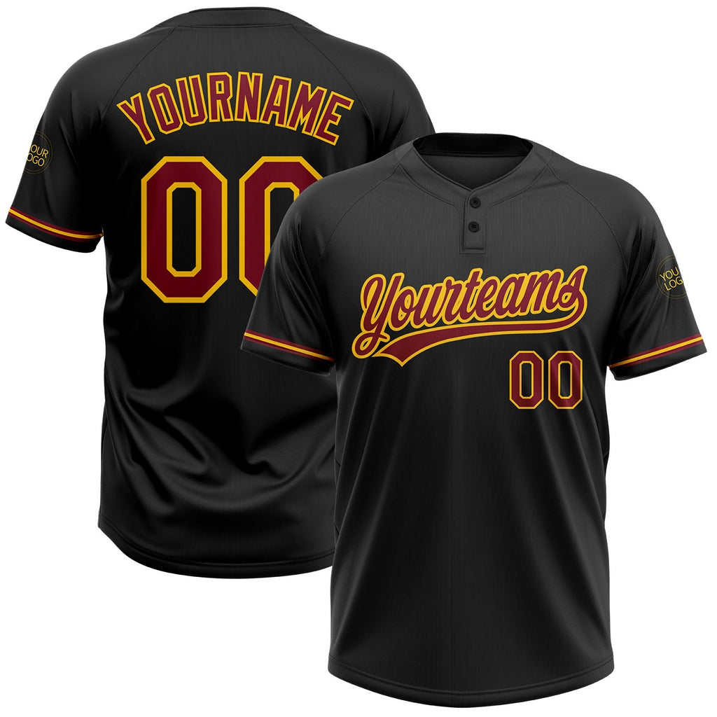 Custom Black Crimson-Yellow Two-Button Unisex Softball Jersey photo 1