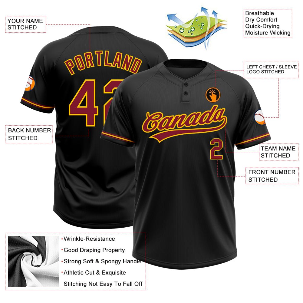 Custom Black Crimson-Yellow Two-Button Unisex Softball Jersey photo 3