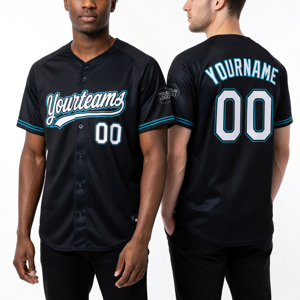 Custom Black White-Teal Two-Button Unisex Softball Jersey worn front and back