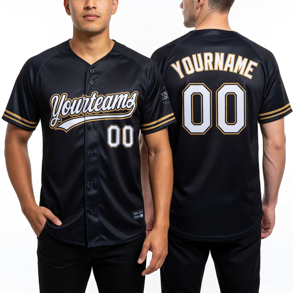 Custom Black White-Old Gold Two-Button Unisex Softball Jersey worn front and back