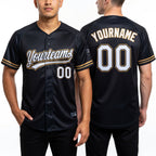 Custom Black White-Old Gold Two-Button Unisex Softball Jersey worn front and back