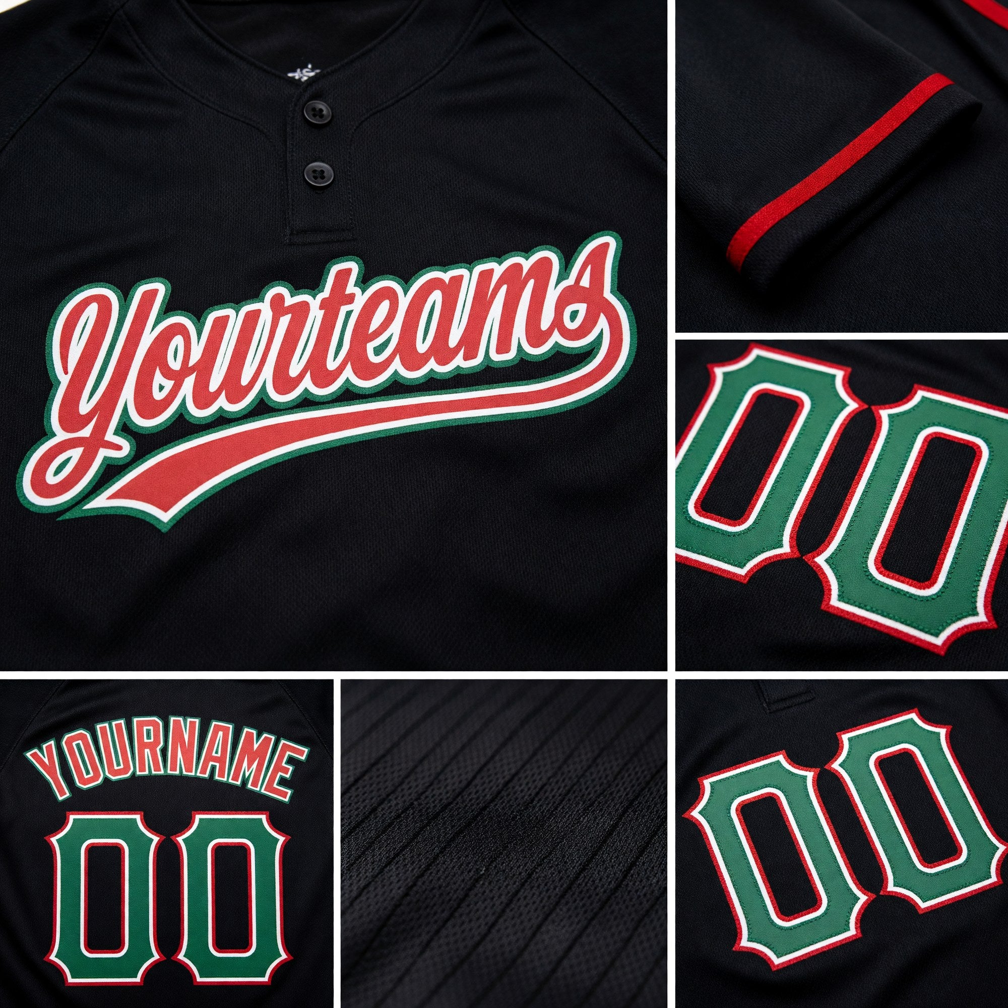 Custom Black Kelly Green-Red Two-Button Unisex Softball Jersey detail