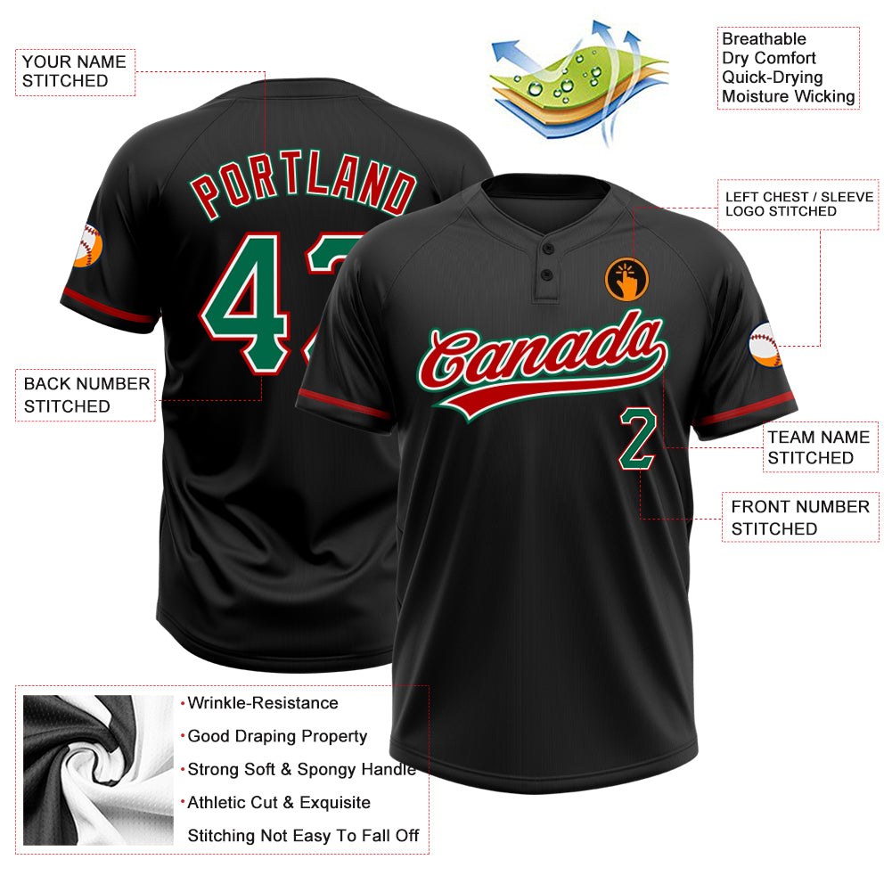 Custom Black Kelly Green-Red Two-Button Unisex Softball Jersey photo 3