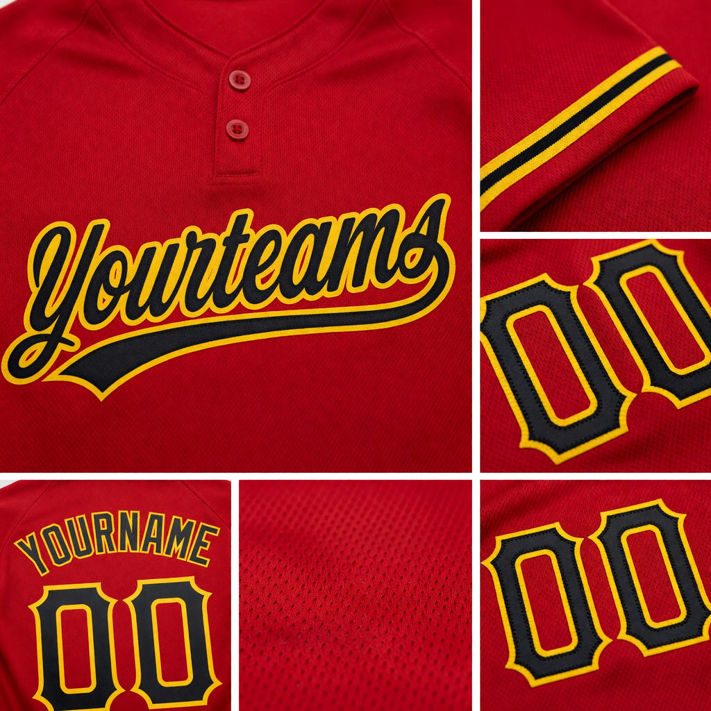 Custom Red Black-Yellow Two-Button Unisex Softball Jersey detail