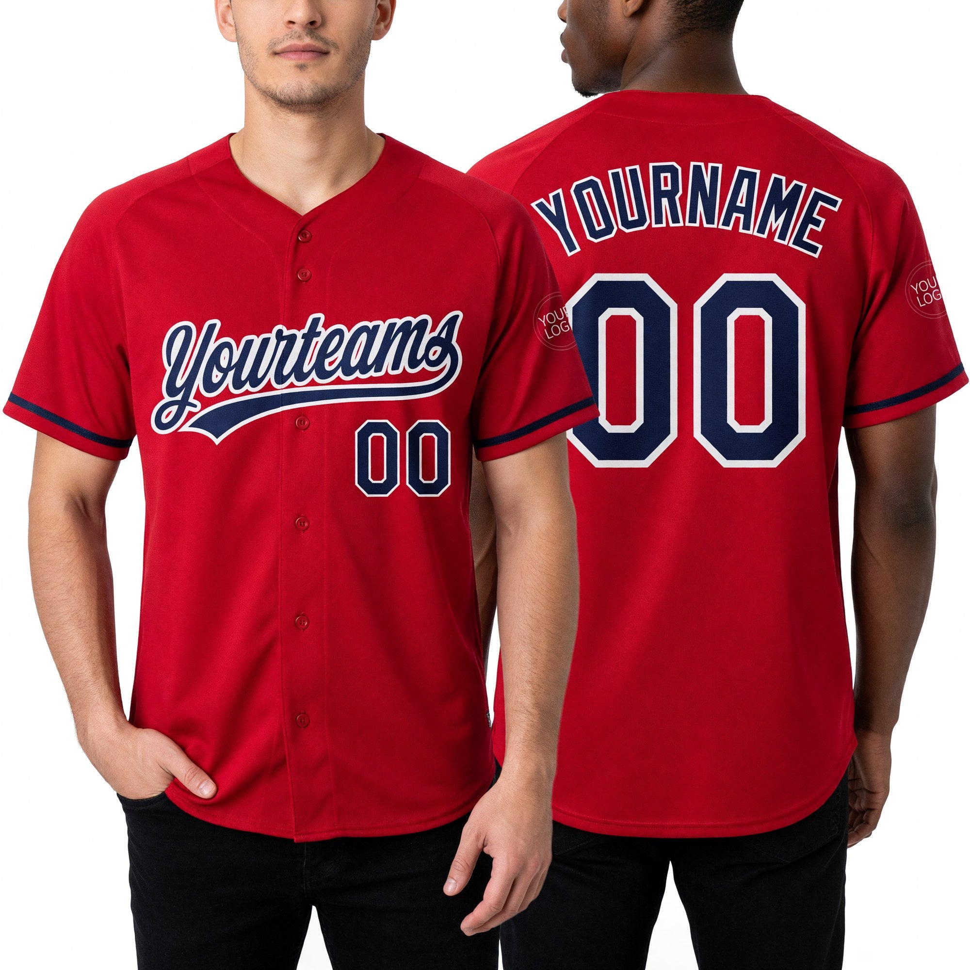 Custom Red Navy-White Two-Button Unisex Softball Jersey worn front and back