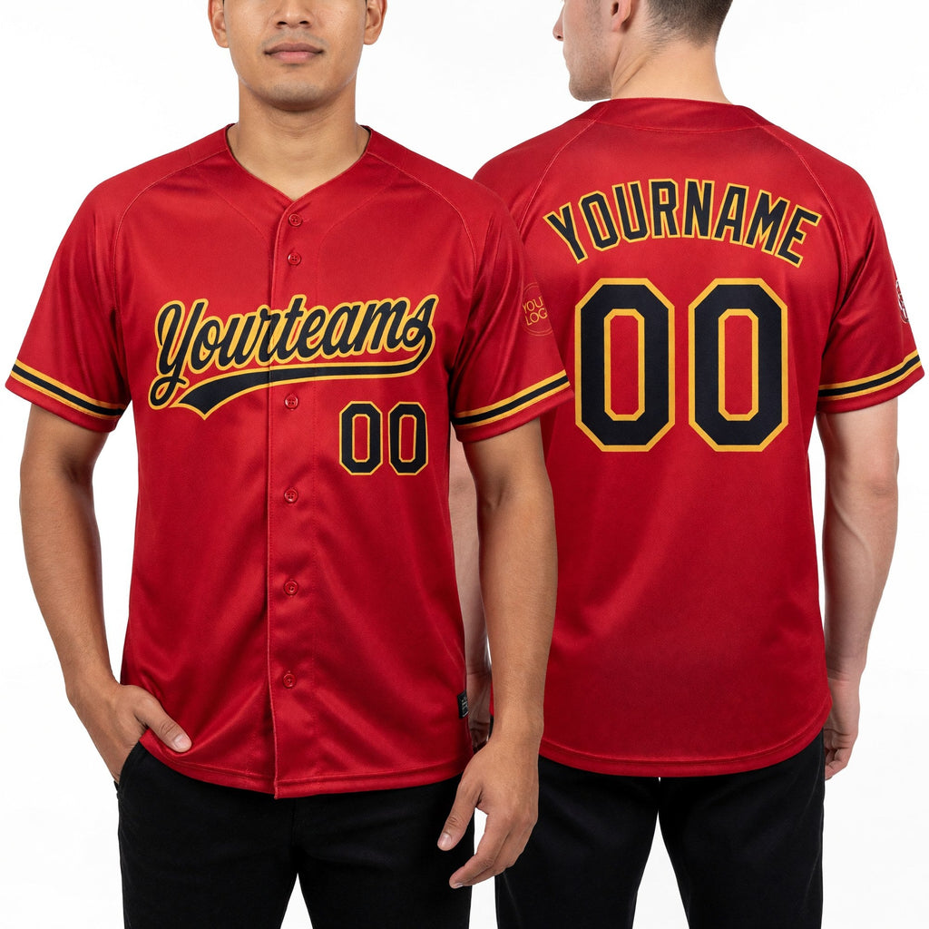 Custom Red Black-Old Gold Two-Button Unisex Softball Jersey worn front and back