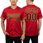 Custom Red Black-Old Gold Two-Button Unisex Softball Jersey worn front and back