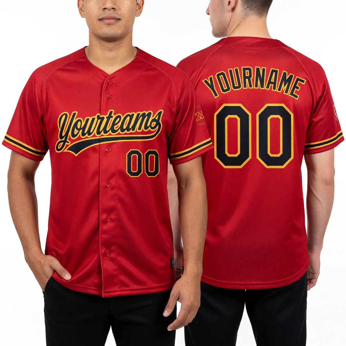 Custom Red Black-Old Gold Two-Button Unisex Softball Jersey worn front and back
