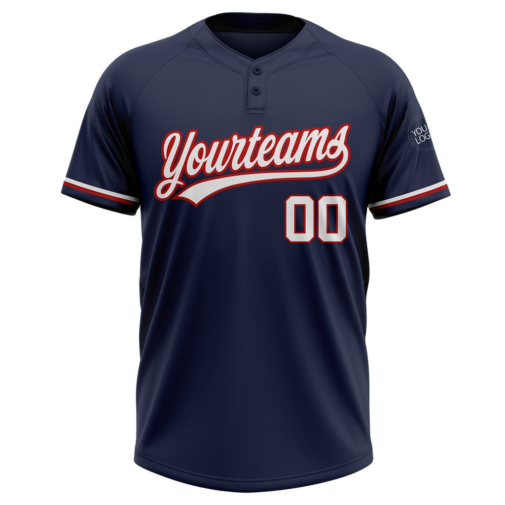 Custom Navy White-Red Two-Button Unisex Softball Jersey photo 2