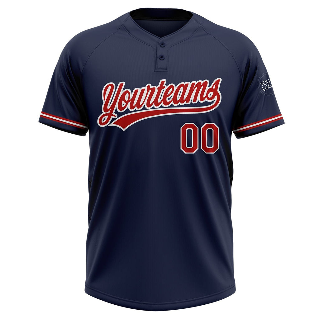 Custom Navy Red-White Two-Button Unisex Softball Jersey photo 2