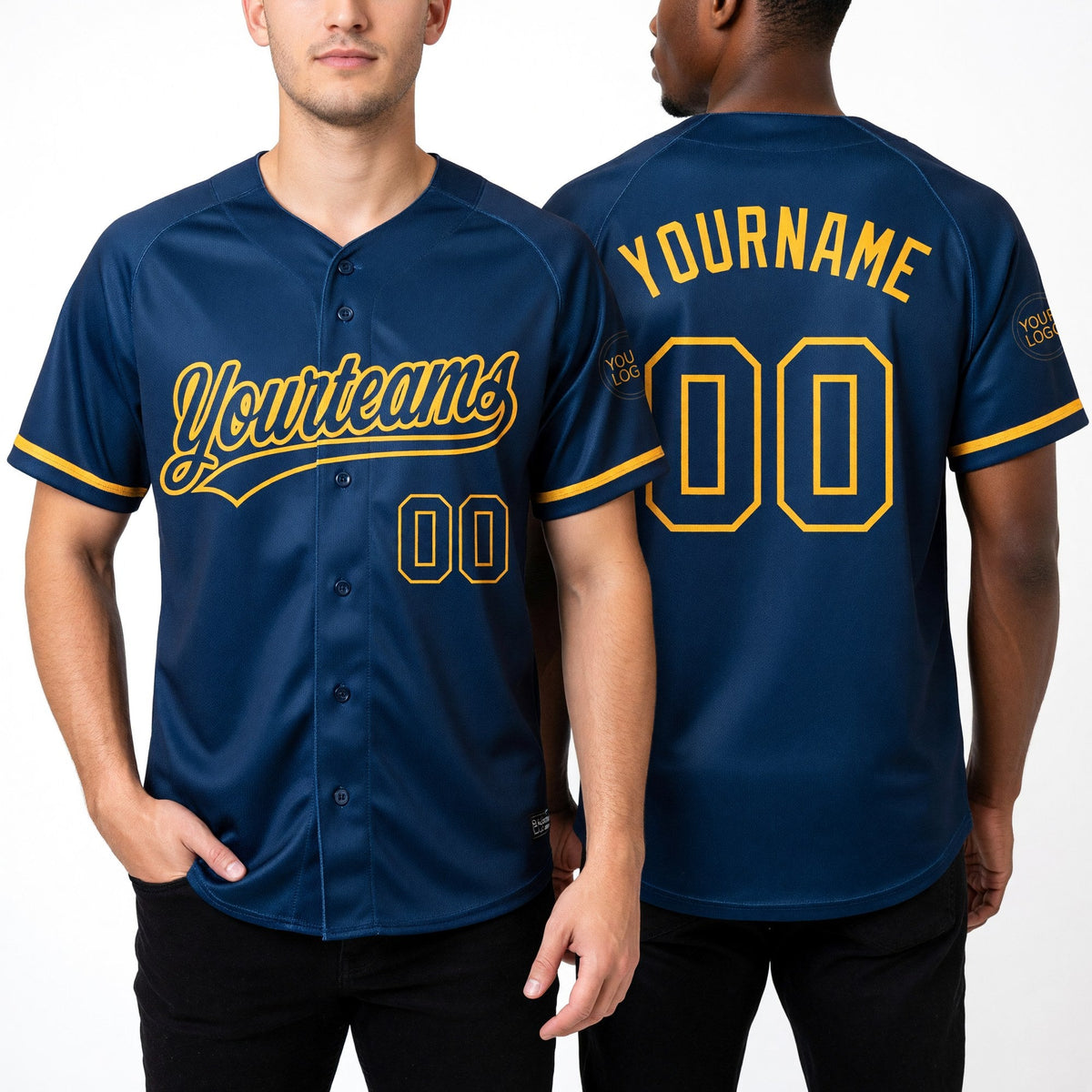 Custom Navy Navy-Gold Two-Button Unisex Softball Jersey worn front and back