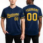 Custom Navy Gold Two-Button Unisex Softball Jersey worn front and back