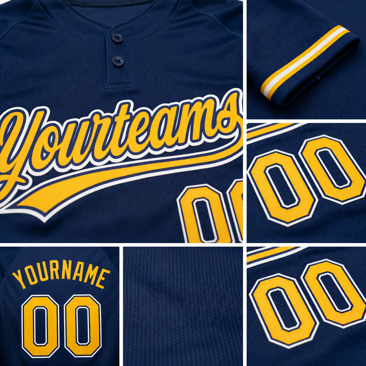 Custom Navy Gold-White Two-Button Unisex Softball Jersey detail