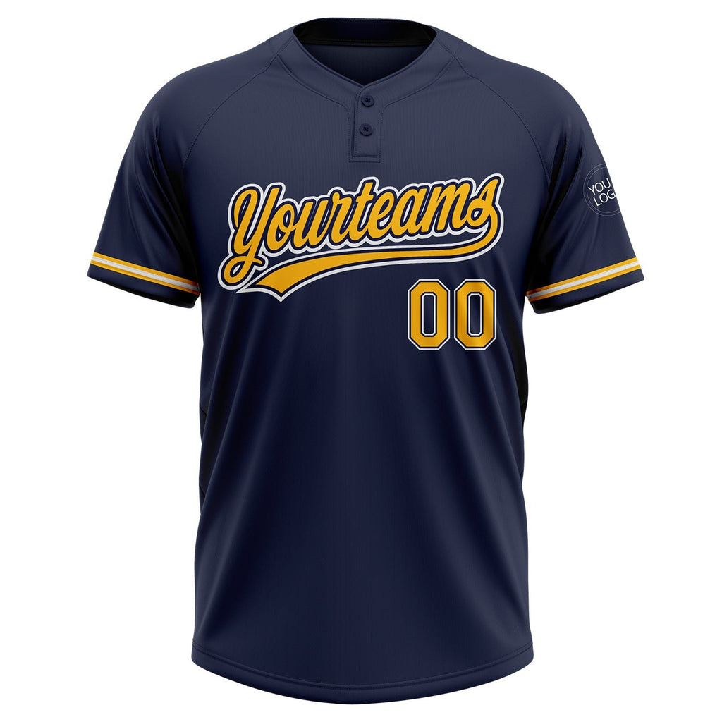 Custom Navy Gold-White Two-Button Unisex Softball Jersey photo 2