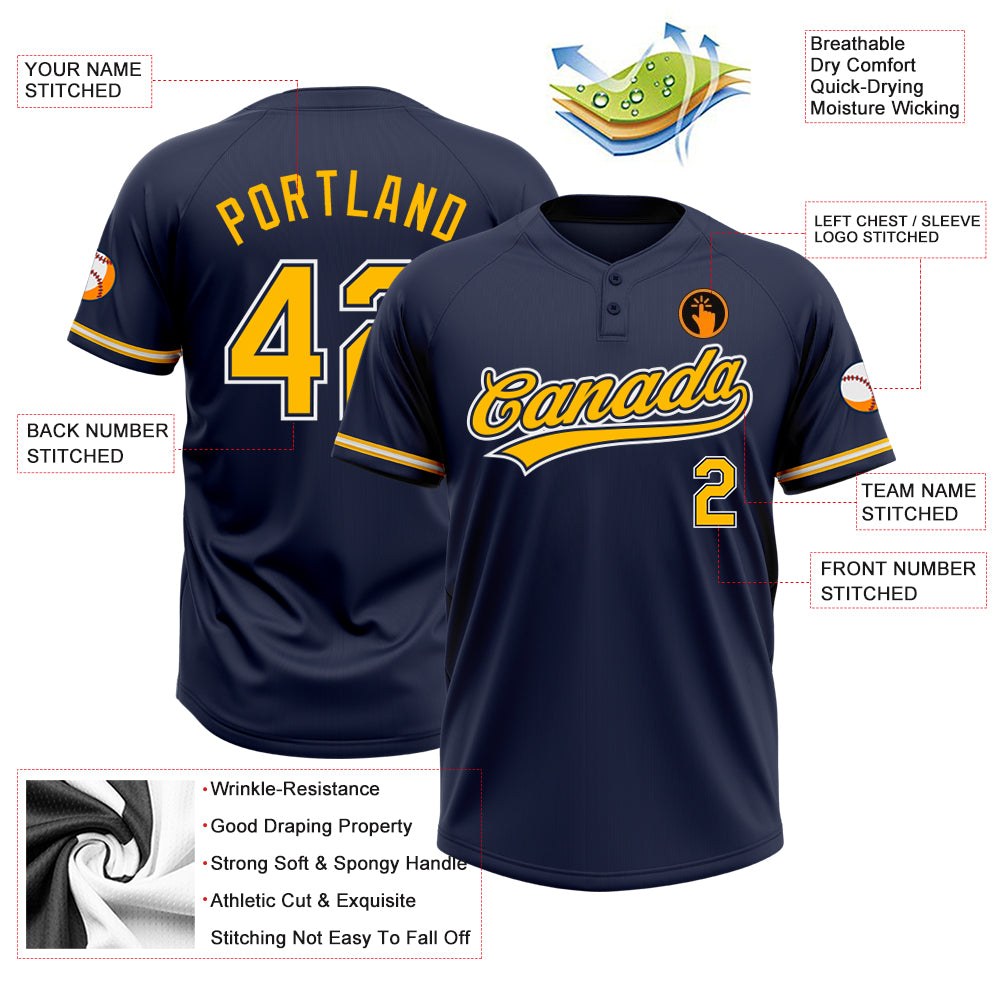 Custom Navy Gold-White Two-Button Unisex Softball Jersey photo 3