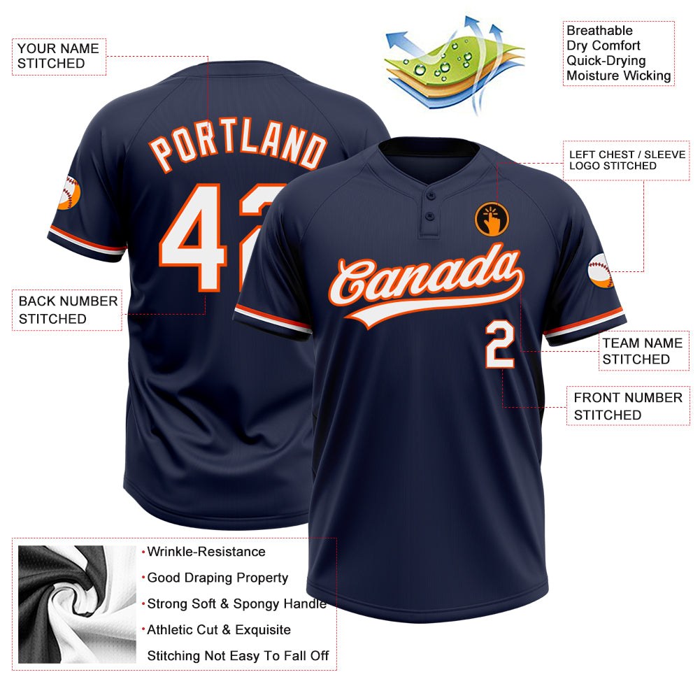 Custom Navy White-Orange Two-Button Unisex Softball Jersey photo 3