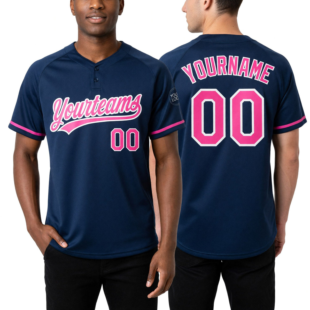Custom Navy Pink-White Two-Button Unisex Softball Jersey worn front and back