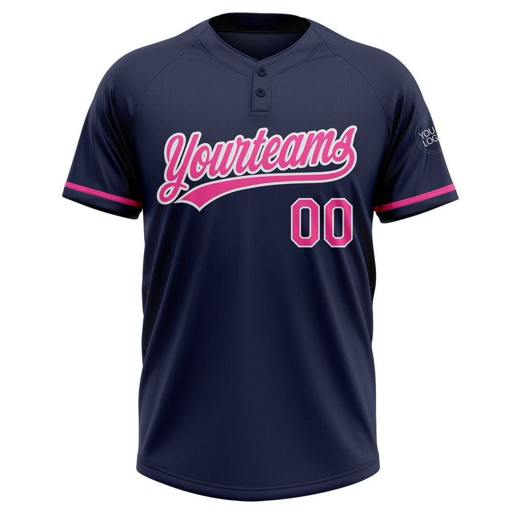 Custom Navy Pink-White Two-Button Unisex Softball Jersey photo 2