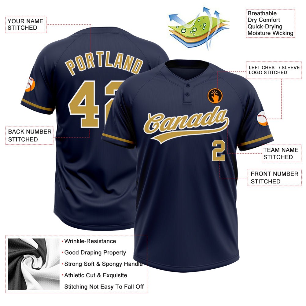 Custom Navy Old Gold-White Two-Button Unisex Softball Jersey photo 3
