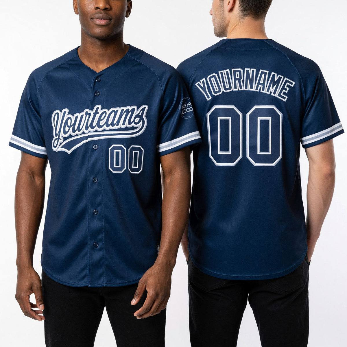 Custom Navy Navy-Gray Two-Button Unisex Softball Jersey worn front and back