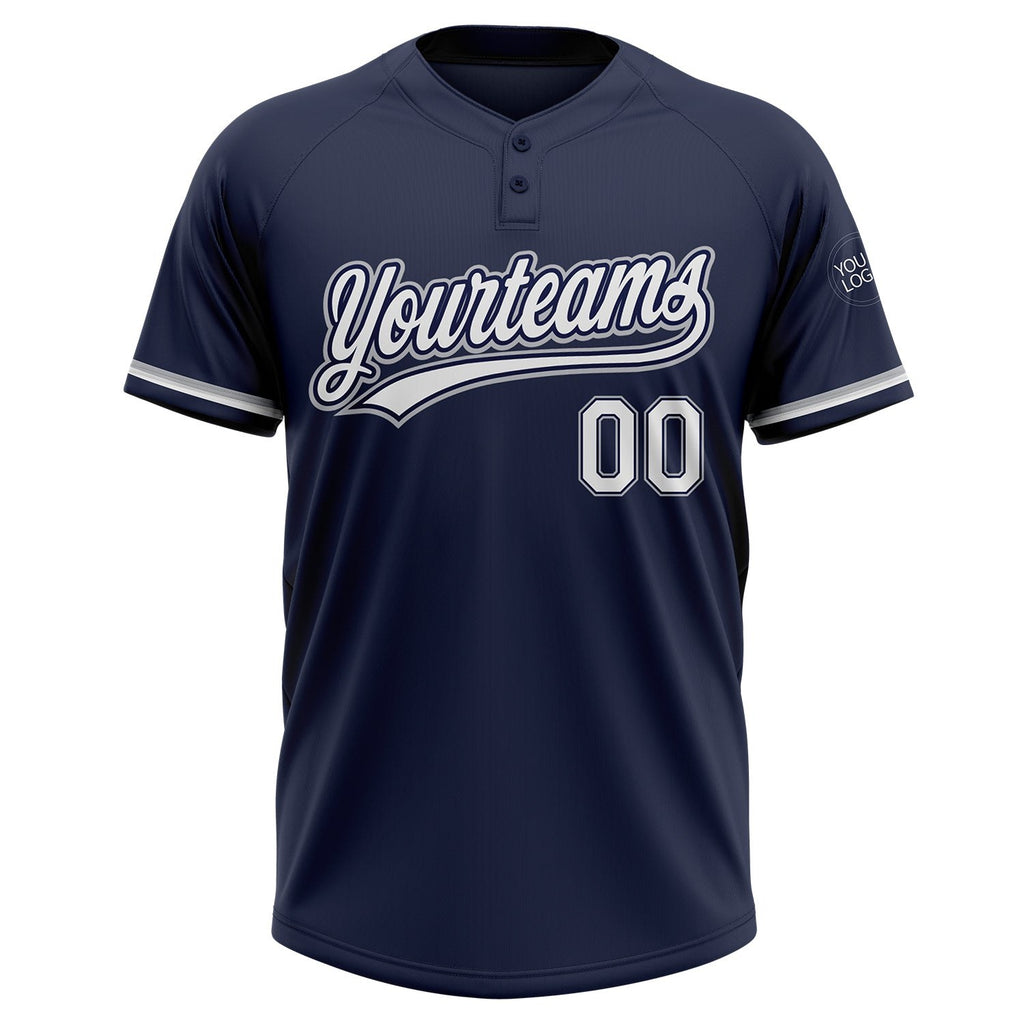 Custom Navy White-Gray Two-Button Unisex Softball Jersey photo 2