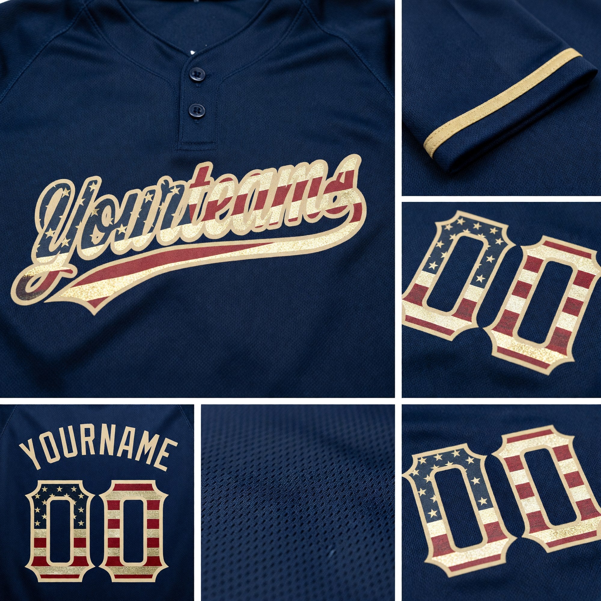 Custom Navy Vintage USA Flag-City Cream Two-Button Unisex Softball Jersey detail