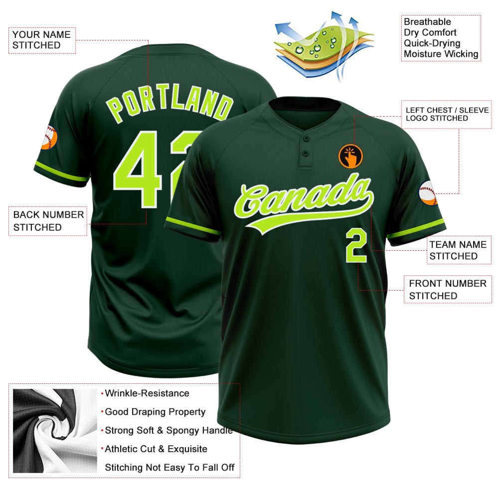 Custom Green Neon Green-White Two-Button Unisex Softball Jersey photo 3