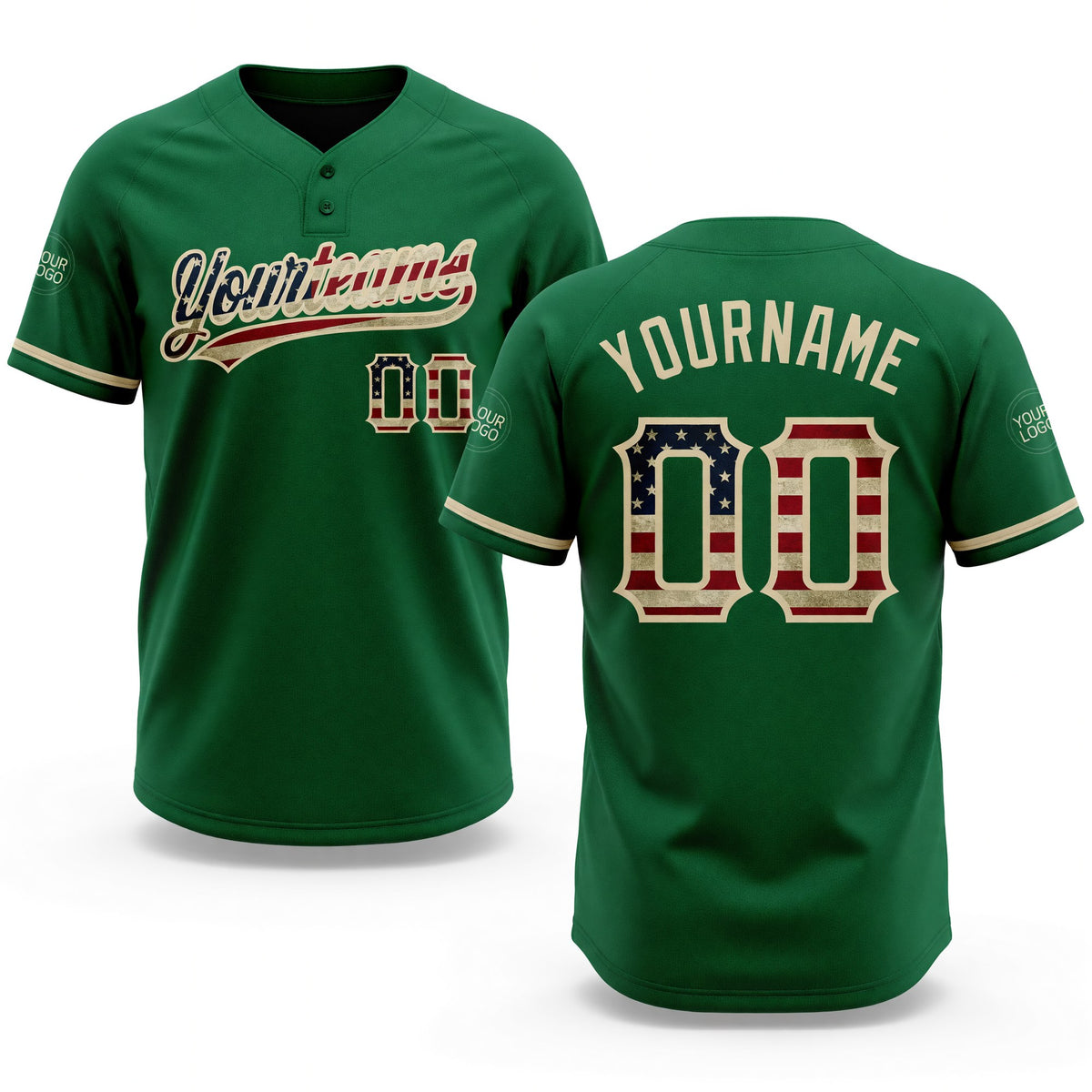Custom Kelly Green Vintage USA Flag-City Cream Two-Button Unisex Softball Jersey