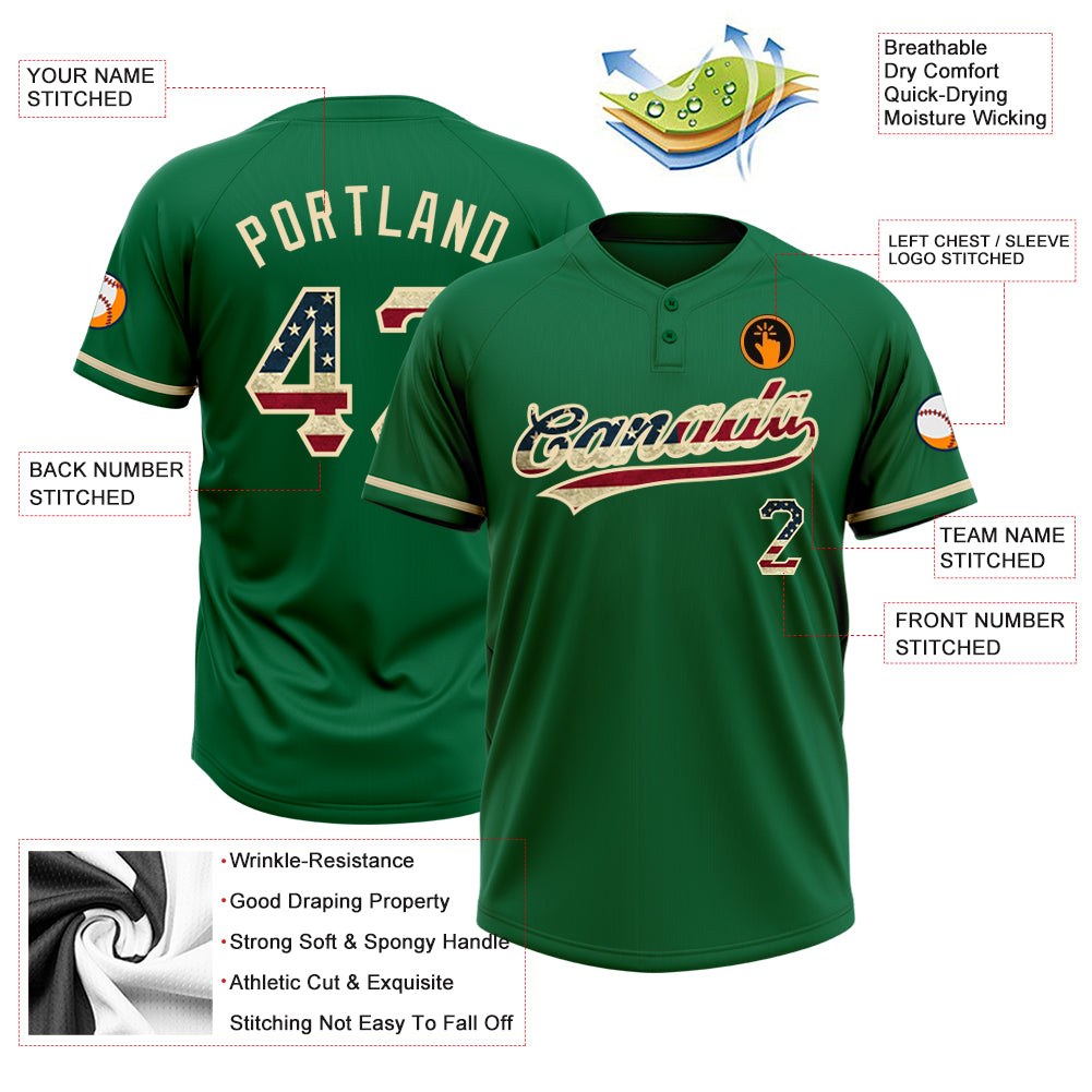 Custom Kelly Green Vintage USA Flag-City Cream Two-Button Unisex Softball Jersey photo 3
