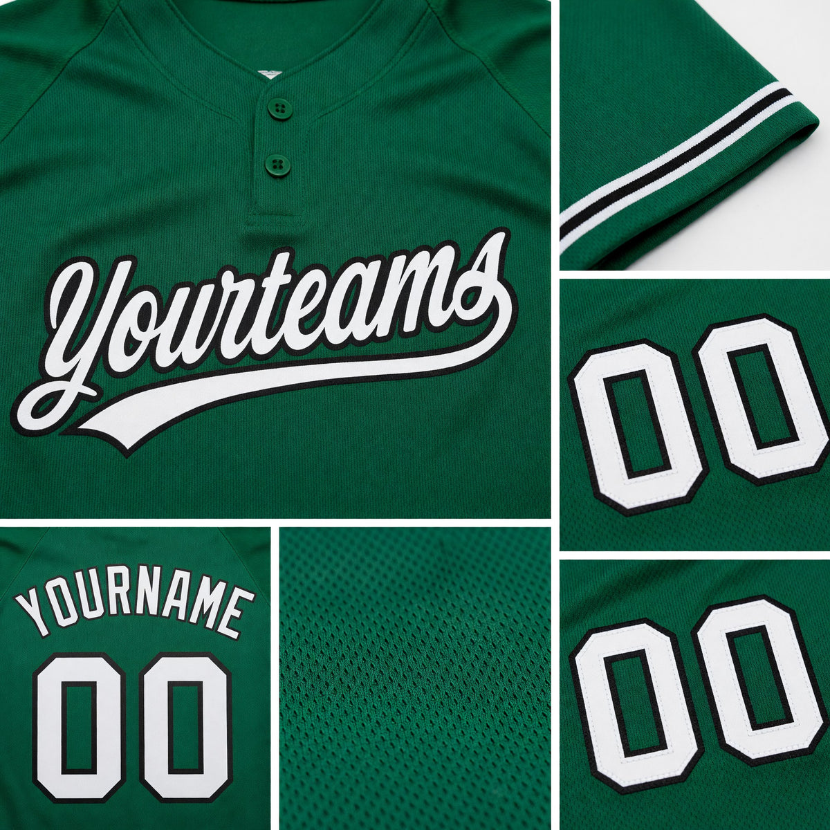 Custom Kelly Green White-Black Two-Button Unisex Softball Jersey detail
