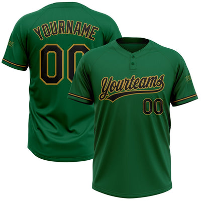 Custom Kelly Green Two Button Softball Jersey with Black and Old Gold Lettering